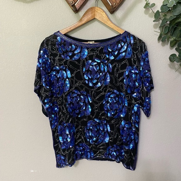 Tops - Vintage 100% silk black and blue heavily beaded floral design blouse evening Lg